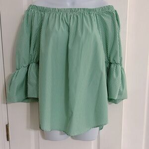 Gibson Latimer Green Pinstripe Off-Shoulder Blouse